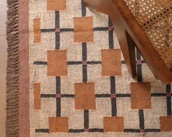 Handgemaakt wollen jute kelimtapijt, boho platgeweven jute kelimtapijt van dhurriewol, handgeweven, wol- en jutetapijt (4 x 6 ft, aangepast formaat beschikbaar)