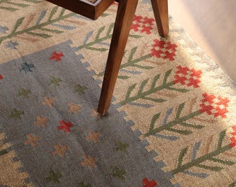 Handwoven Wool Jute Kilim Rug, Flatweave Geometric Boho Decor 6x9 Kilim Rug
