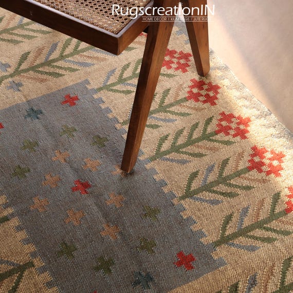 Handwoven Wool Jute Kilim Rug, Flatweave Geometric Boho Decor 6x9 Kilim Rug