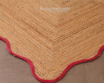 Scalloped Jute Rug- Jute Rug, Runner Rug, Door Mat, Handcrafted Rug, Stair Runner, Rattan Rugs, Rugs Gift, Christmas Door, Custom Rugs