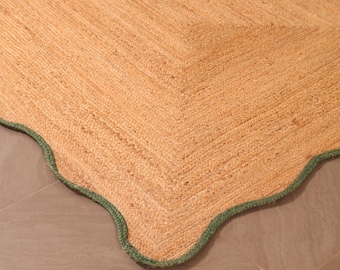 Scalloped Edge Jute Rug Handmade Natural Fiber Area Rug with Green Border, Boho Farmhouse Chevron Jute Rug, Custom Size Runner Rug