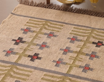 Handgeweven wollen jute kelimtapijt Boho Dhurrie platgeweven gang, woonkamer, keuken Woondecoratie, 9 x 12