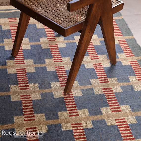 Hand Woven Wool Kilim Flatweave Rug Light Blue & Beige Checkered Grid Design Modern Boho Scandinavian Luxury Wool Carpet Rug Kilim jute rug