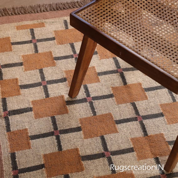 Handwoven Wool Jute Kilim Rug, Bohemian Flatweave Dhurrie, Natural Fiber Area Rug (4x6 ft)