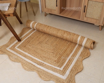 Scalloped Rug, Jute Scalloped Rug, Bohemian Scallop Rug, Natural Jute Area Rug, Jute Rug Rectangular, Jute Scallop Rug, Custom Rug