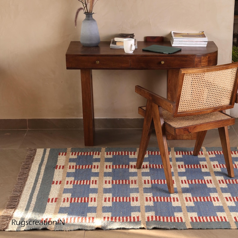 Handwoven Wool Jute Kilim Rug,Bohemian Flatweave Dhurrie (5x8 ft, Custom Size Available)