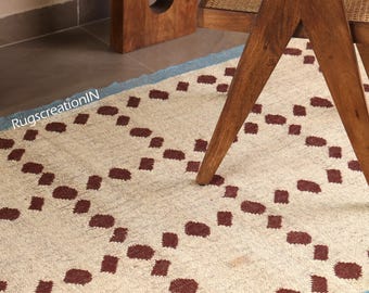 Handgeweven kilim tapijt, Boho platgeweven vloerkleed op maat, handgeweven Indiase dhurrie, traditioneel vloerkleed op maat.