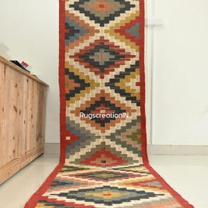 Handwoven Navajo Kilim Runner Rug - Red Wool - Custom Size Traditional Area Rug