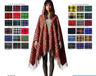 Schottenkaro Wollschal mit Kapuze – keltisch karierter Poncho Umhang