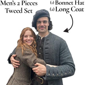 Op de afbeelding: Een tweed set bestaande uit een baret en een lange jas. De lange jas is donkergrijs met een visgraatpatroon en knoopdetails. De baret is een bijpassend donkergrijs. De tekst luidt "Men's 2 Pieces Tweed Set".
