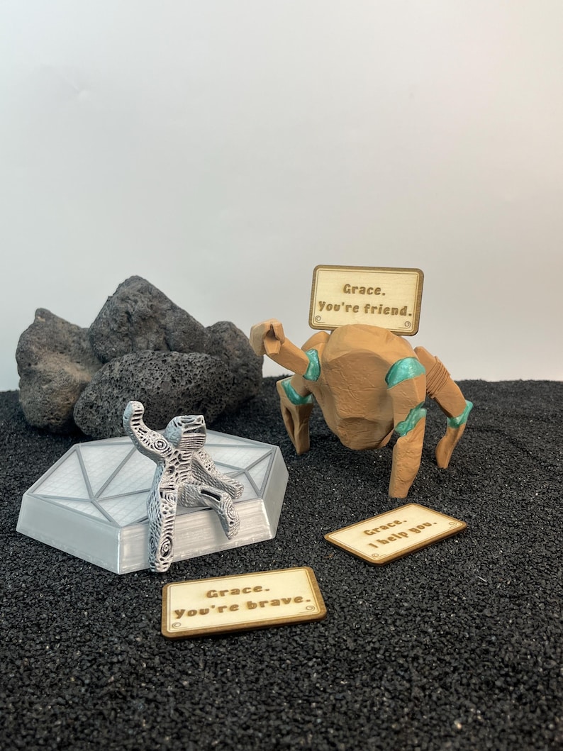 Rocky and Grace fan art collectible with customizable message sign, unique sci fi bookshelf decor inspired by Project Hail Mary and space adventure stories