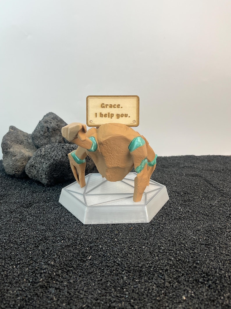 Sci fi emotional support figure for Project Hail Mary fans, Rocky and Grace collectible decor with customizable quote sign and futuristic hex platform