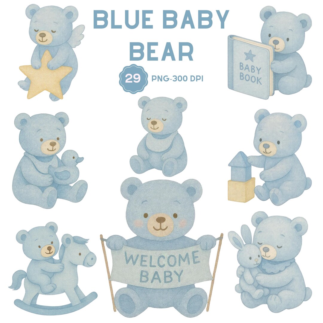 Watercolor Blue Teddy Bear Clipart: Baby Shower PNG Set (digital ...