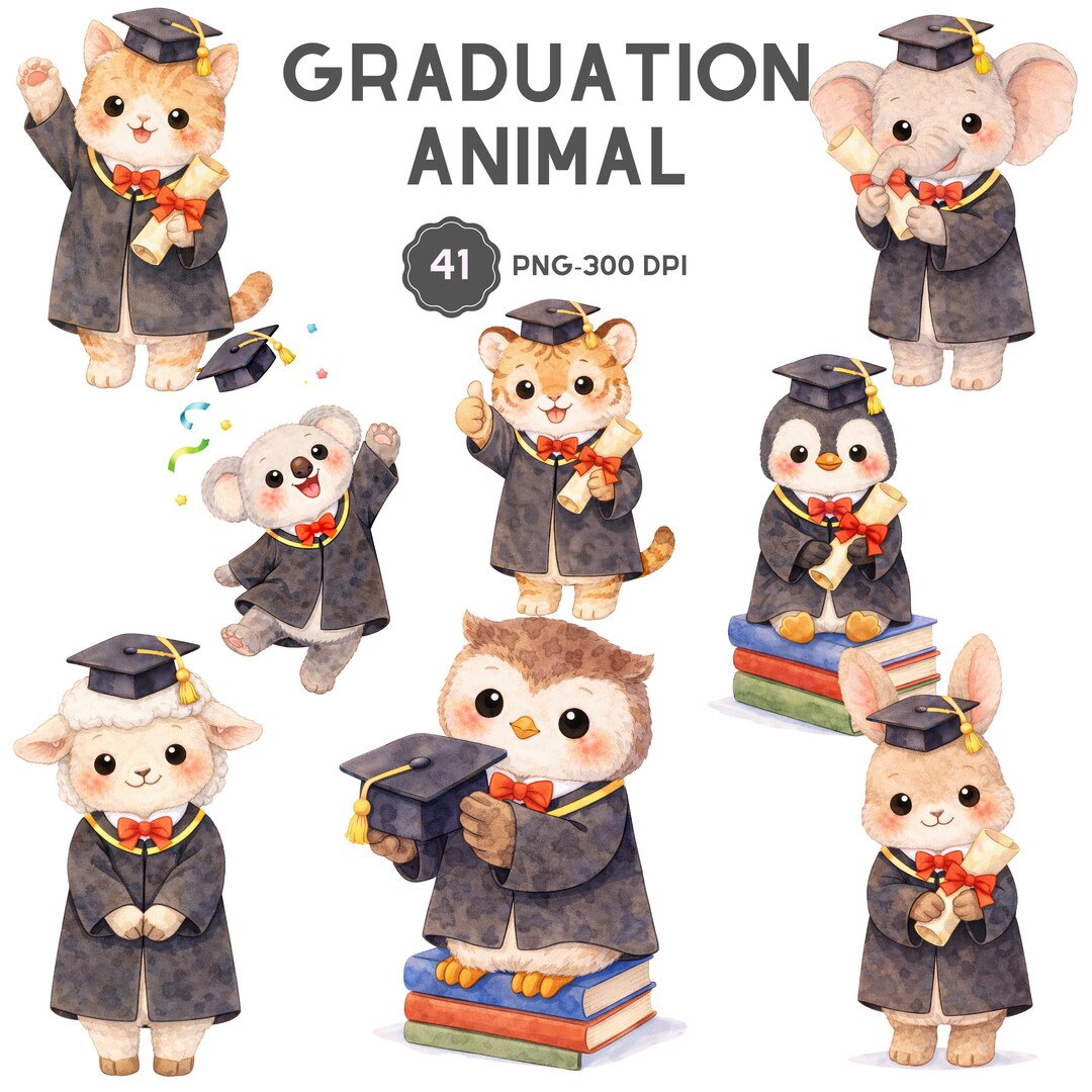 Graduation Animals Clipart, Watercolor Academic Celebration Nursery ...