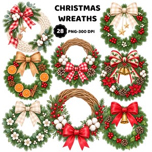 Könnte beinhalten: Eine Sammlung von acht digitalen Weihnachtskränzen mit Tannenzweigen, roten Beeren, Tannenzapfen, Baumwollblüten und verschiedenen Schleifen. Das Bild enthält den Text CHRISTMAS WREATHS und 28 PNG-300 DPI. Jeder Kranz zeigt einzigartige dekorative Elemente wie getrocknete Orangenscheiben, Zimtstangen und goldene Glocken.
