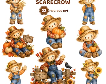May include: A collection of eight digital illustrations featuring scarecrows wearing straw hats, plaid shirts, and blue denim overalls with patches. The text CUTE SCARECROW 22 PNG-300 DPI is displayed at the top, with various autumn elements like pumpkins, sunflowers, and wooden signs.
