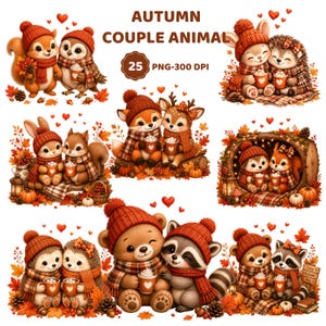 Peut inclure: Une collection numérique de 25 illustrations de couples d'animaux sur le thème de l'automne, incluant écureuils, hiboux, lapins, hérissons, cerfs, ours et ratons laveurs portant des bonnets et écharpes orange, tenant des tasses, avec des feuilles.