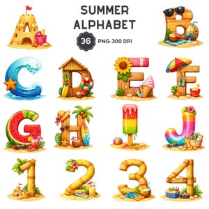 Puede incluir: Una colorida ilustración de un alfabeto de verano con letras y números. Cada letra y número está diseñado con elementos de playa y verano, incluyendo castillos de arena, olas y helados. El texto "SUMMER ALPHABET" está en la parte superior.