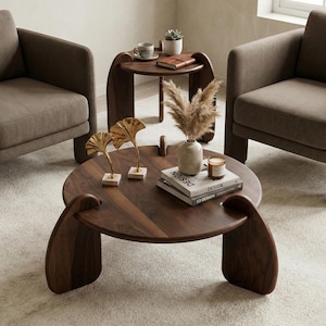 Ensemble de tables basses sculpturales Japandi, grosses tables d'appoint en bois, meubles modernes bio