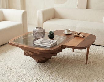 Sculptural Layered Wood Coffee Table, Walnut Veneer Glass Top Center Table