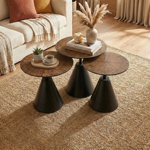 Peut inclure: Trois tables d'appoint rondes en bois avec des bases coniques noires sont disposées sur un tapis en jute tissé. Un canapé crème avec des coussins et une couverture est en arrière-plan. Un vase de fleurs séchées est posé sur une table.
