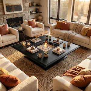 Könnte beinhalten: Ein modernes Wohnzimmer mit einem großen, schwarzen, quadratischen Couchtisch mit eingebauter Feuerstelle. Der Raum verfügt über cremefarbene Sofas, Sessel und einen gemusterten Teppich. Dekorative Kissen in Orange- und Brauntönen sorgen für Wärme.