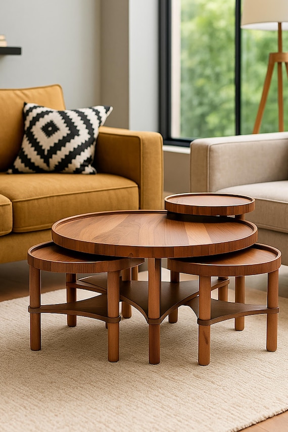 Modern Walnut Nesting Coffee Table Set, Sculptural Sustainable Wood Center Tables, Mid Century Handcrafted Living Room Decor