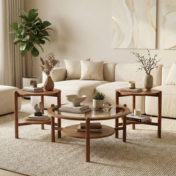 Mid Century Modern Nesting Coffee Table Set of 3, Round Oak Coffee