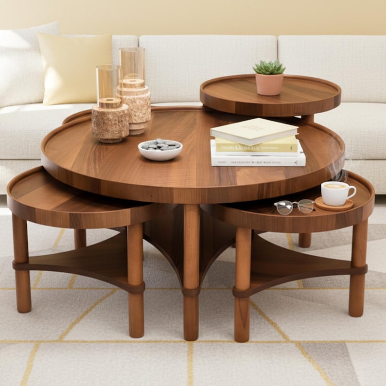 Modern Walnut Nesting Coffee Table Set, Sculptural Sustainable Wood Center Tables, Mid Century Handcrafted Living Room Decor image 5
