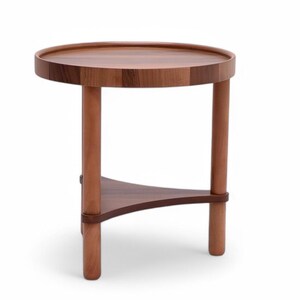 May include: A small, round wooden side table with a dark brown tabletop and three cylindrical legs. A triangular shelf connects the legs. The table is approximately 50 cm in height.