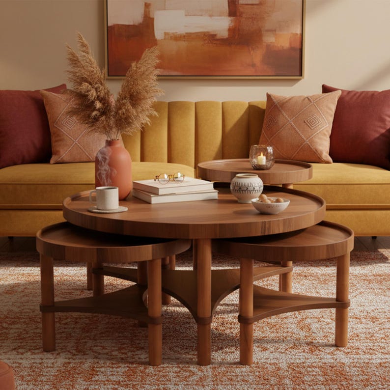 Modern Walnut Nesting Coffee Table Set, Sculptural Sustainable Wood Center Tables, Mid Century Handcrafted Living Room Decor image 4