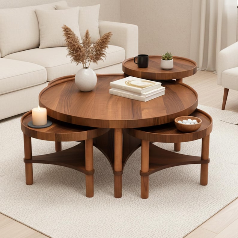Modern Walnut Nesting Coffee Table Set, Sculptural Sustainable Wood Center Tables, Mid Century Handcrafted Living Room Decor image 2