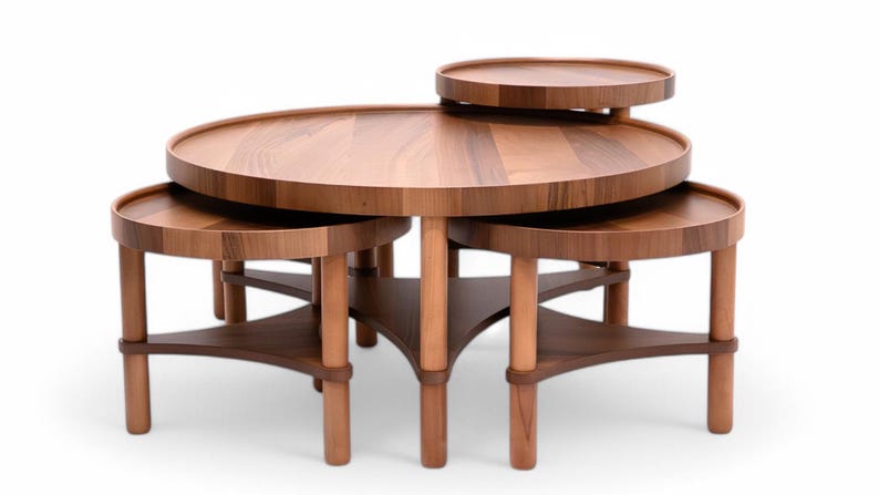 May include: A set of four wooden nesting tables with a natural finish. The tables have round tops and are supported by cylindrical legs and triangular supports. The largest table is approximately 91 cm in diameter.