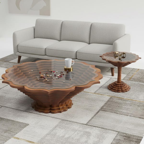 Handmade Walnut Veneer Coffee Table: Modern Wood & Glass Center Table