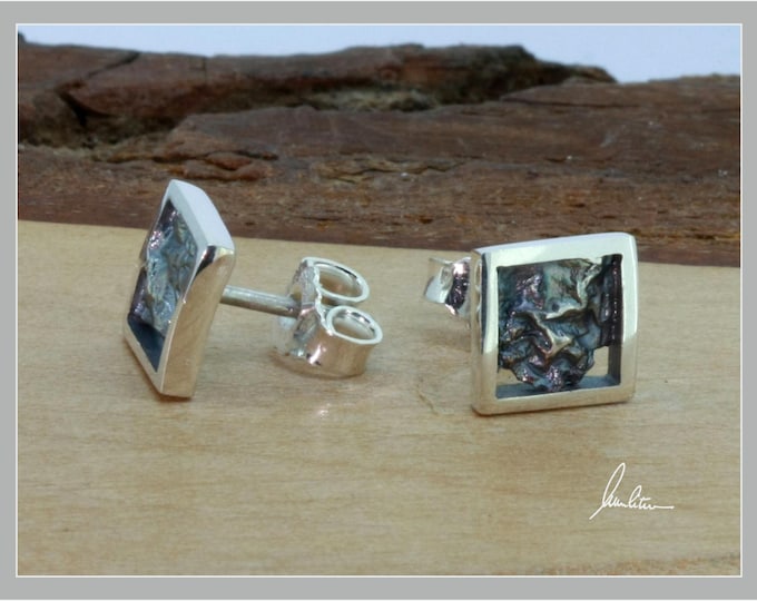 Stud earrings in silver, square blackened