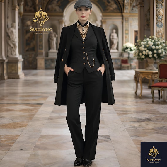 Women Black 3-piece Suit Peaky Blinders Coat Vest Pants Damen Hosenanzug Costume Femme Vintage 1920s Gangster Outfit Winter Wool Shelby