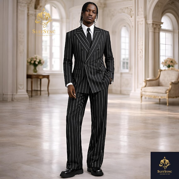 Black Pinstripe Suit Men Double Breasted 1920s Gangster Prom Groom