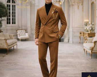 Camel Brown Double Breasted Suit Men Wedding Groom Gold Buttons Trauanzug Tobacco Costume Croisé Homme Old Money Peak Lapel Outfit Custom