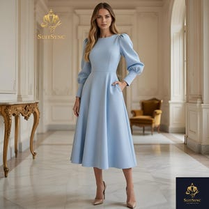 light blue modest dresses for wedding under 200 long sleeves Blue Chiffon Modest Long Ruffle Sleeves Party Dress 16W