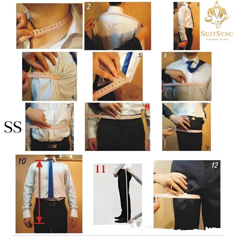 May include: A series of images demonstrating how to measure for a suit. The images show measurements being taken around the neck, shoulders, chest, waist, and inseam. The SuitSync logo is in the upper right corner.