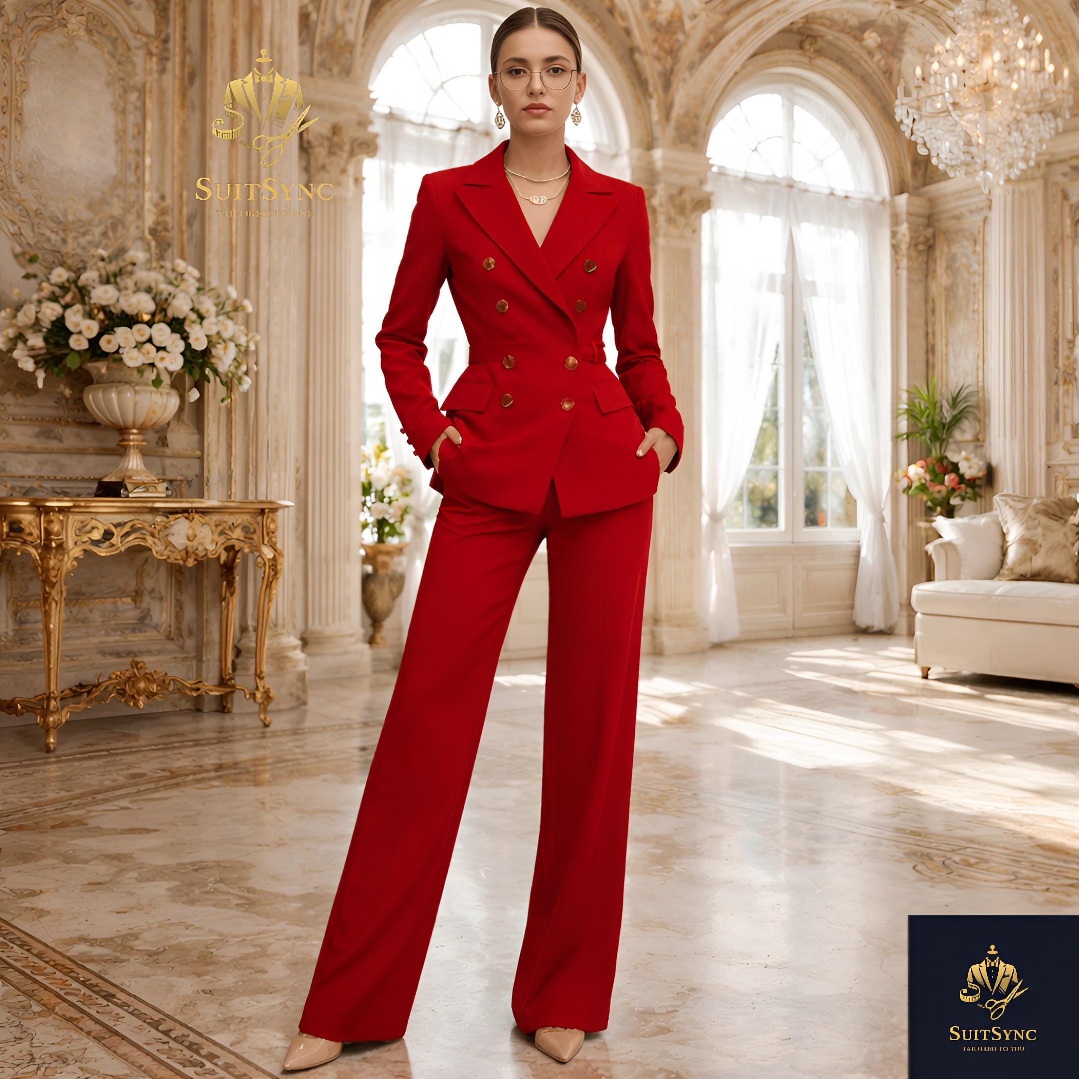 Women Red Suit Double Breasted Blazer Gold Buttons Pants Set Power ...
