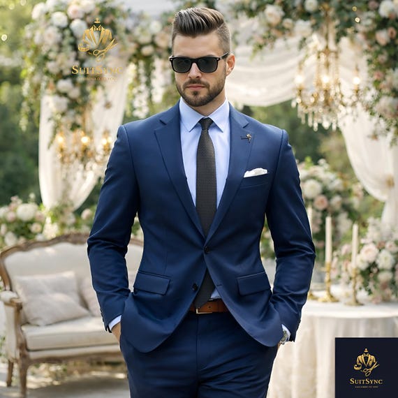light blue dress with navy suit Slim Fit Navy Wool Blend Casual Suit with Vest 34 / 6 / Navy main image 1