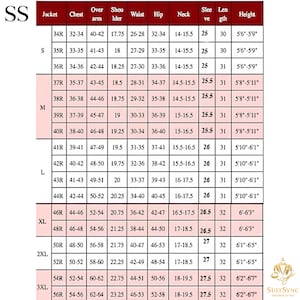 May include: A size chart for jackets, with measurements in inches for chest, waist, and other dimensions. The chart includes sizes from 34R to 56R, with corresponding sleeve lengths and heights.