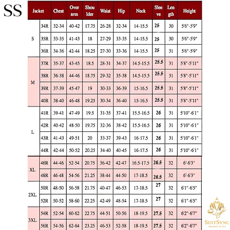 May include: A size chart for jackets, with measurements in inches for chest, waist, and other dimensions. The chart includes sizes from 34R to 56R, with corresponding sleeve lengths and heights.