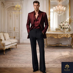 May include: A formal ensemble featuring a burgundy blazer and shirt paired with black trousers. The outfit is worn by a person standing in a luxurious room. The logo "SuitSync" is visible in the image.
