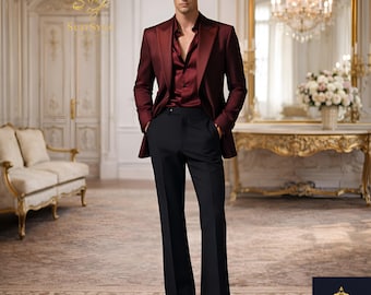Men Burgundy Satin Suit Double Breasted Blazer Black Pants Set Wine Tuxedo 70s Disco Outfit Studio 54 Prom Party Jacket Custom Maroon