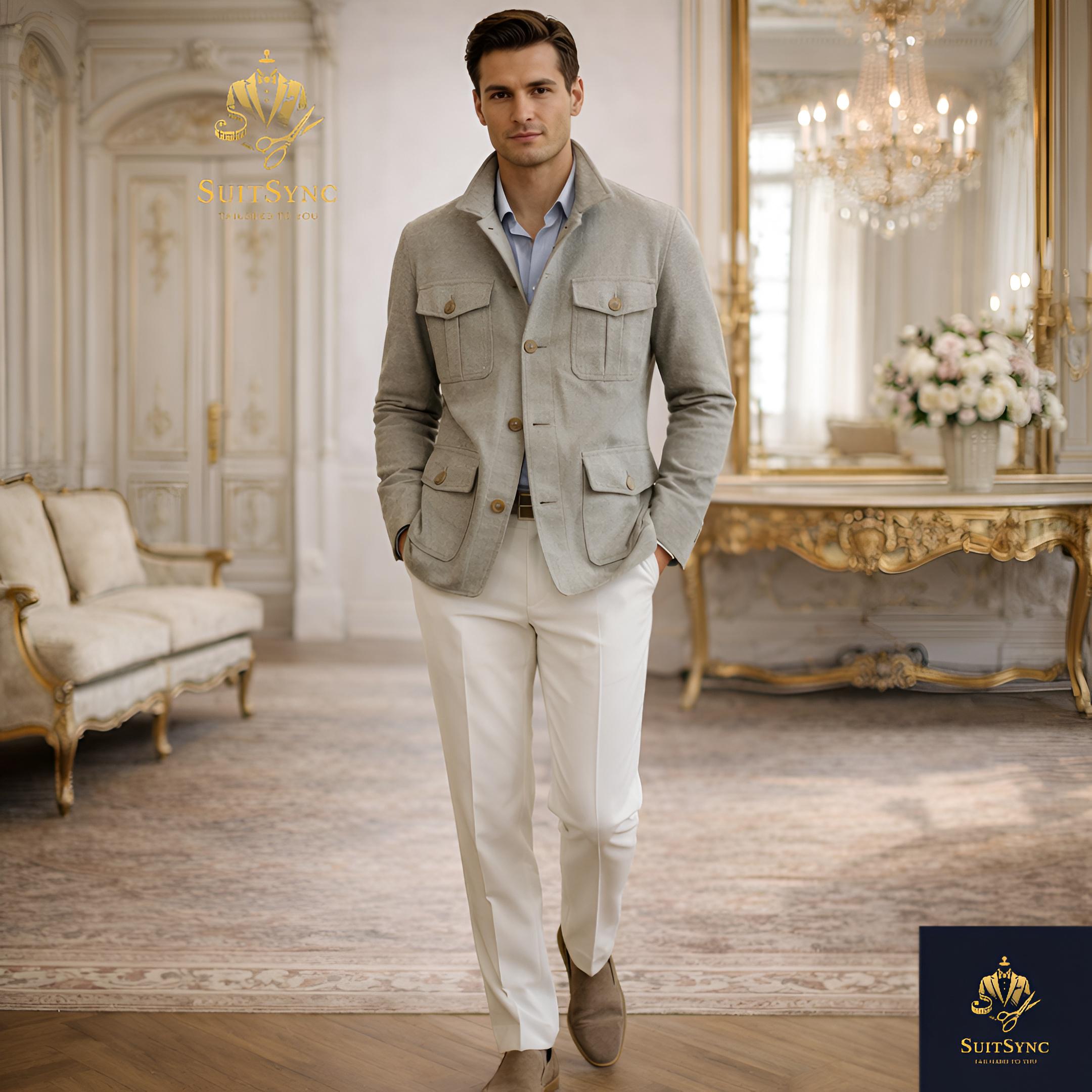 Men Grey Linen Safari Jacket White Pants Set Oatmeal Bush Coat