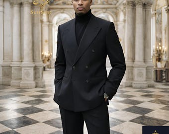 Men Black Double Breasted Suit Peak Lapel Blazer Pants Set Wedding Groom Tuxedo Formal Dinner Jacket Custom Tailored Outfit Black