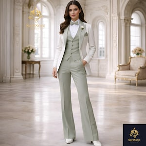 Op de afbeelding: Een lichtgroen drieledig pak met een witte blazer, vest en bijpassende broek. De outfit bevat een wit overhemd en een vlinderdas. De persoon draagt witte schoenen. De achtergrond is een heldere, elegante kamer.