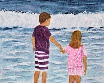 Beach Children Watercolor Painting, Boy Girl Art Print, Coastal Decor